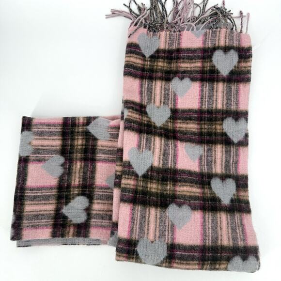 NWT Talbots Plaid 100% Wool‎ Fringe Scarf Reversible Pink Gray 73"x18" - Picture 1 of 5